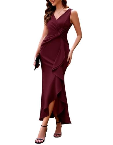 Image of Berylove Wedding Guest Dresses for Women Long Formal Party Dress Evening Wrap Ruched Midi Cocktail Bridesmaid Date Night Gowns 7099 Burgundy L