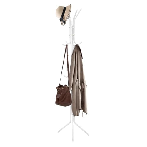 Image of CROWNSHOP Coat Rack Modern Clothes Rack Metal Hanger with 12 Hooks Coat Stand 3 Tier Freestanding Storage Holder Hat Handbag Jacket Umbrella Hanging Organiser for Living Room Bedroom White 175CM