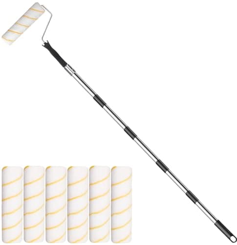Image of Paint Roller with 6 Sleeve, Extended Detachable Thickended Pole, Long Reach Wall Painting Tool, Mural Brush for Walls and Ceiling, 9Inch Sleeve.
