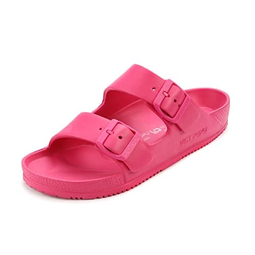 Image of VICT POPU Womens Sandals Open Toe Adjustable Double Buckle Strap Waterproof EVA Footbed Arch Support Mules Slides Peach 6