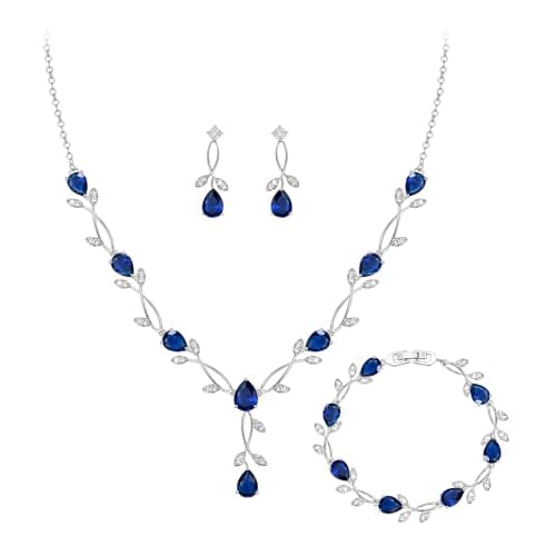Image of Clearine Cubic Zirconia Jewellery for Women Brides, Sparkly Teardrop Marquise Birthstone Leaf Necklace Earrings Bracelet Set for Prom Party Sapphire Silver-Tone