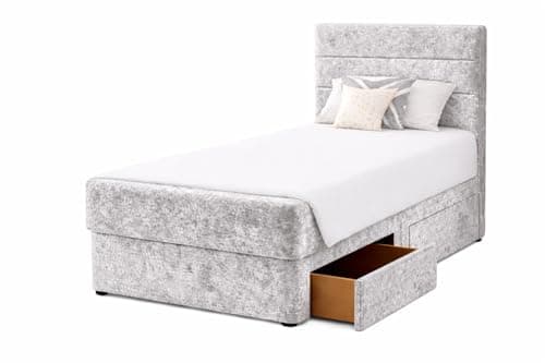 Image of CALISMA Single Divan Bed Base with Paris Horizontal Headboard, 2 Storage Drawers, Silver Crush Velvet (silver crush, 3ft single)