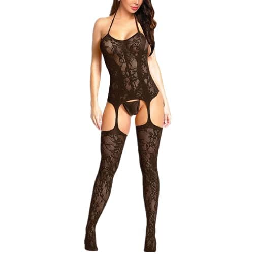 Image of ROSVAJFY Sexy Lingerie for Women Naughty Bodystocking Fishnet Bodysuit Lace Halter Babydoll Chemise Nightwear Hollow Out Stretchy Tights Mini Dress with Suspenders Grarters Red Black (Black)