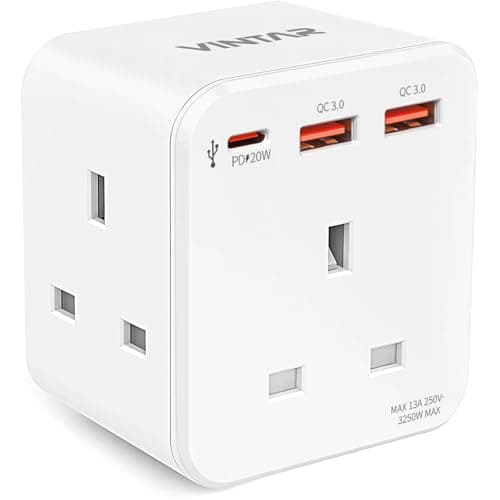 Image of Multi Plug Adaptor with PD 20W Fast Charge USB C and 2 USB A, VINTAR 3 Way Adapter Plug Extension Socket, 13A Double Plug adapter for Bedroom, Office, Kitchen, White 1-pack