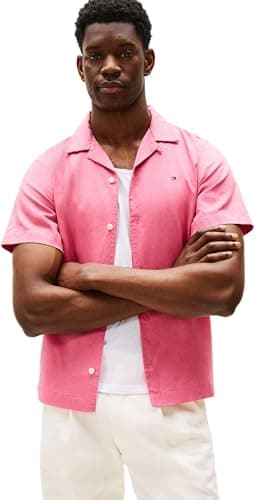Image of Tommy Hilfiger Men’s Short Sleeve Linen Blend Shirt, Pink (Vintage Rosy), M