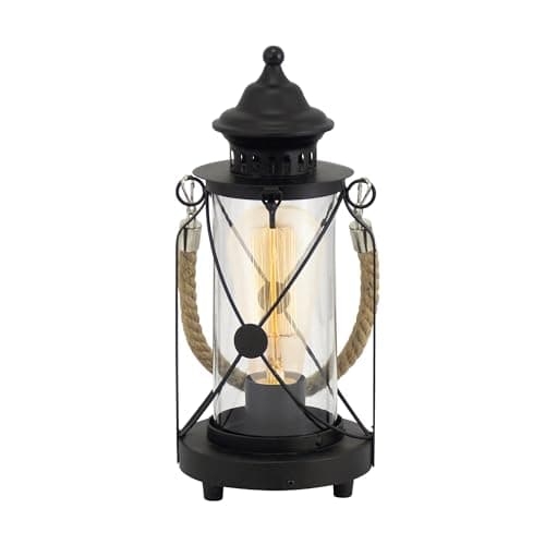 Image of Eglo Bradford Table lamp, 1-Flame Vintage Table Light, Lantern, Bedside lamp Made of Steel, Colour: Black, Glass: Clear, Socket: E27, incl. Switch