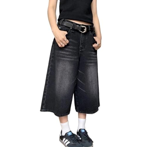Image of FYHTC Y2k Jorts for Women and Men- Unisex Wash Baggy Jorts Jean Shorts Long Jorts Denim Shorts, Casual Streetwear(Color:Black,Size:Large)