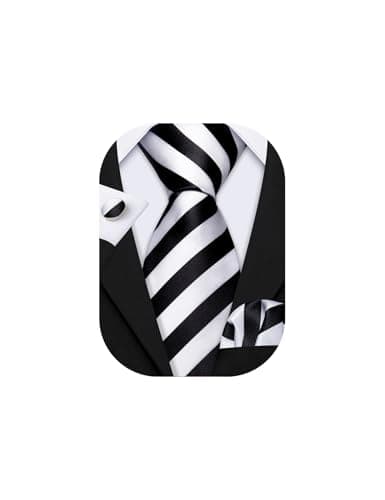 Image of Barry.Wang Mens Black White Tie Silk Stripe Necktie Pocket Square Cufflinks Set Wedding Business