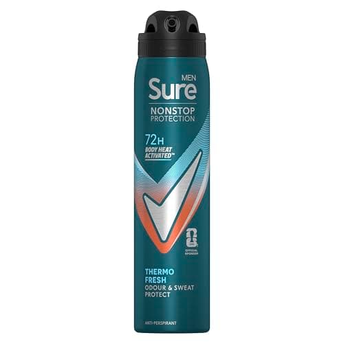 Image of Sure Men Nonstop Protection Thermo Fresh Anti-Perspirant Aerosol Men's Deodorant Spray with Body Heat Activated technology and a clean fragrance for 72 hour odour and sweat protection 6x 250 ml