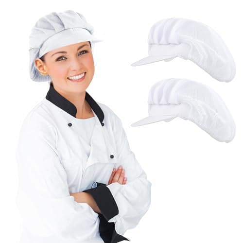 Image of Yolev 2Pcs Chef Hat - Half Mesh Half Cloth Kitchen Baker Cooking Catering Hats with Brim Food Service Caps Chef Cap Breathable Waiter Cap Hair Nets for Women Men (White)