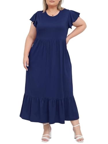 Image of Moon Wood Summer Dresses for Women Crew Neck Ruffle Sleeve Curvy Long Dress with Pockets Navy L