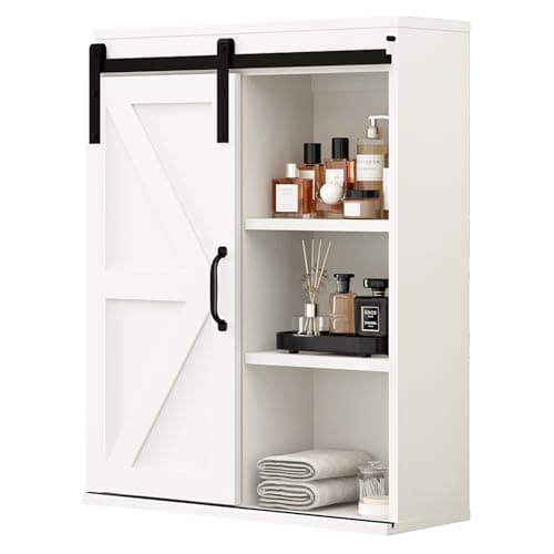 Image of RUSTOWN Farmhouse Wood Wall Storage Bathroom Cabinet with Sliding Barn Door, Rustic Medicine Cabinet with Adjustable Shelf, 3-Tier Vintage Cabinet for Kitchen, Bathroom, Living Room (Vintage White)