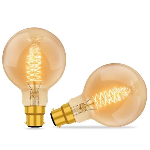 Image of B22 Vintage Bayonet Edison Light Bulbs Dimmable, G80 Globe Bulb, Amber Glass Warm White 2700K, 600LM, Retro Decorative Bulbs, Vintage Spiral Filament Light Bulb, for Ceiling, Chandelier, 2 Pack