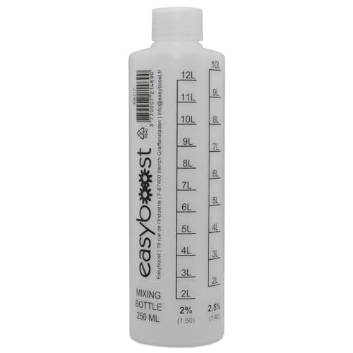 Image of Easyboost 2 Stroke Oil Fuel Mixing Bottle with Cap 1:50-1:40-1:33-1:25-1:20-1:17 250ml Petrol Gas Measuring Jug for Motorcycle Scooter Vespa Quad Brush Cutter Cross MX Chainsaw Lawnmower (1 bottle)