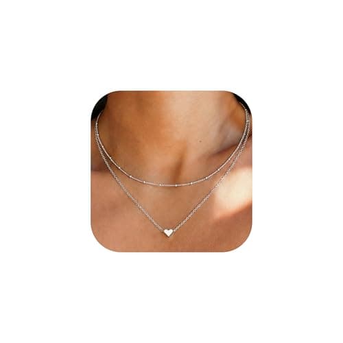 Image of JeweBella Layered Silve Heart Necklace for Women 14K Gold Plated Dainty Heart Pendant Necklaces Chain Necklace for Women Girls Jewelry Gifts Gold/Silver 40+5CM