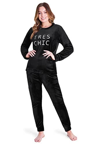Image of CityComfort Fleece Womens Pyjamas Set Long Sleeve Fluffy Loungewear Adults Teenagers, Winter PJs Warm Nightwear, Gifts for Her (Black, L)