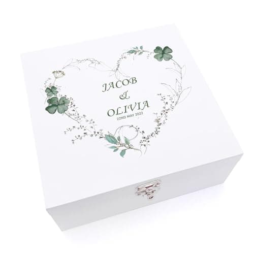 Image of ukgiftstoreonline Personalised Luxury Wooden Wedding Box Keepsakes With Green Clover Leaf Heart (Medium)