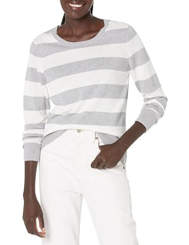 Image of Amazon Essentials Women's Long-Sleeve Lightweight Crewneck Jumper (Available in Plus Size), Light Grey Heather Stripes, M