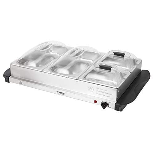 Image of Tower Four Buffet Server and Plate Warmer with 2 x 2.4 and 2 x 1.2 Litre Trays Capacity, 300 W, Stainless Steel