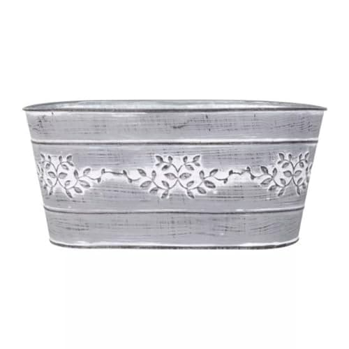 Image of Grey Metal Leafy Vine Oval Tin Trough 24cm, 9inch Planter Indoor Outdoor Garden Flower Plant Pot Weather Proof (1)