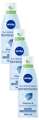 Image of NIVEA 2-in-1 Refreshing Milk & Toner (200ml), Face Cleanser with Vitamin E and Hydramine, Deeply Cleanses, Tones, and Intensively Moisturises Skin, Make-Up Remover (Pack of 3)