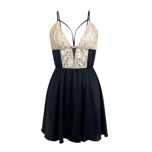 Image of Generisch Elegant Lace Dress with Satin Deep V-Neck for Seductive, black, S