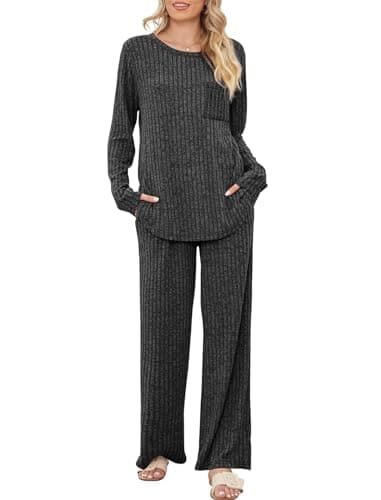 Image of SotRong Two Pieces Ribbed Fluffy Loungewear Sets for Women Uk Ladies Cosy Matching Leisure Wear Long Sleeve Maternity Pyjamas Set Dark Grey S