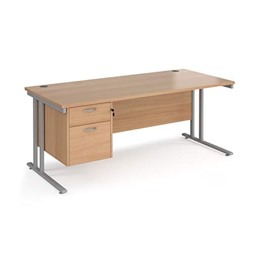 Image of Mr Office Maestro 25 straight desk 800mm deep with 2 drawer pedestal - silver cantilever leg frame, 1800, Beech