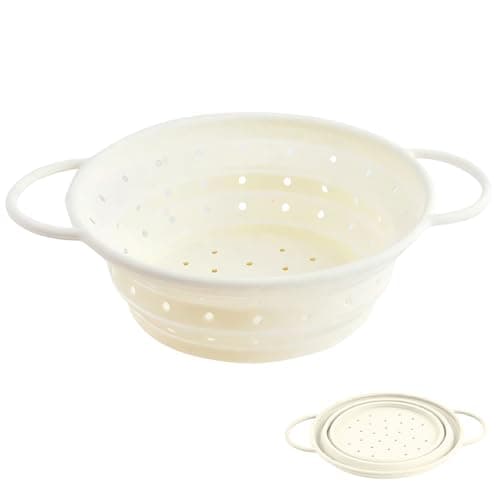 Image of Beige Collapsible Colander, Foldable Kitchen Colander with Handle, Food-Grade Silicone Fruit Washer & Pasta Strainer, Heat-Resistant & Dishwasher Safe Strainer for Home & Outdoor Use