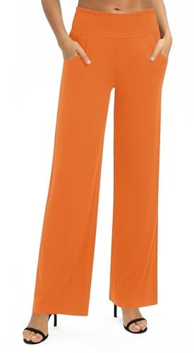 Image of Women's Solid Loose Straight Leg Palazzo Pants High Waist Stretchy Lounge Trousers with Pockets(XL, Orange)