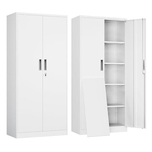Image of Metal Storage Cabinet, 183cm Extra Tall Locking Storage Cabinet with Doors, Steel Storage Cabinet with 4 Adjustable Shelves for Garage, Home, Office, Warehouse, Assembly Required(White,183*92*46)