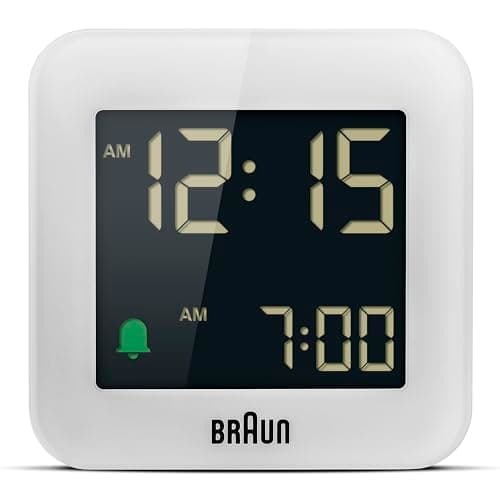 Image of Braun Digital Travel Alarm Clock with Snooze, Compact Size, Negative LCD Display, Quick Set,Crescendo Beep Alarm in White, model BC08W.