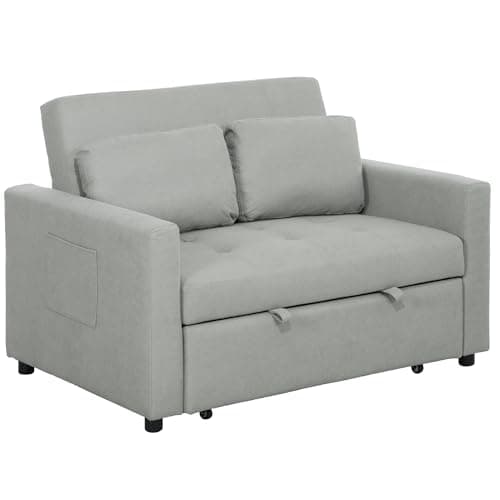Image of HOMCOM 2 Seater Sofa Bed, 120 cm Convertible Bed Settee, Modern Fabric Loveseat Sofa Couch with 2 Cushions, Side Pockets for Living Room, Guest Room, Light Grey