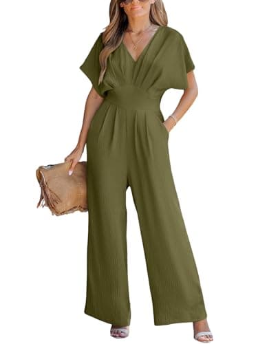 Image of CUPSHE Womens Summer Jumpsuit V-Neck Short Dolman Sleeve Overall Wide Leg Long Playsuit Casual Holiday Outfits Green XL
