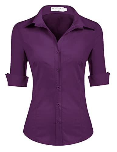 Image of HOTOUCH Womens Blouses 3/4 Sleeve Cotton Shirt Ladies Office Shirts Basic Fitted Blouse V-Neck Short Sleeve Top Purple L
