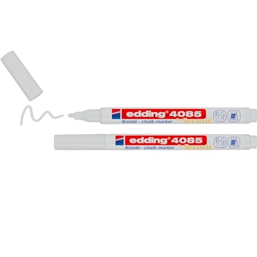 Image of edding 4085 chalk marker - white - 2 chalk pens - round tip 1-2 mm - fine-tipped wet wipe pen for chalkboards, windows, glass, mirrors - liquid chalk marker pens for opaque coverage