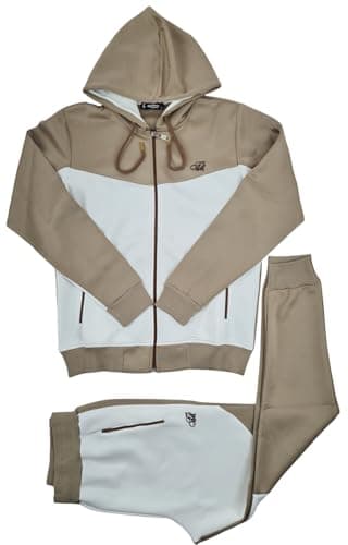 Image of Time Is Money Men's Urban Designer Activewear Zip-Up Hooded Contrasting Panel Tracksuit, Black, Olive, White (UK, Alpha, L, Regular, Regular, Beige White)