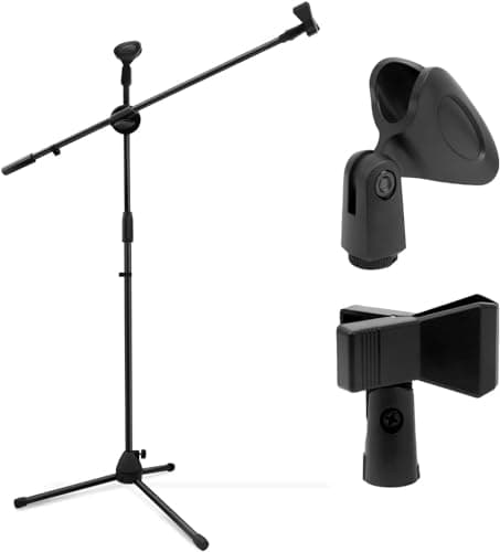 Image of Microphone Stand, Ohuhu Mic Stand Tripod with Mic Clips, Boom Microphone Stand for Kids Adults, Microphone with Stand for Singing Speech Home Studio Usage, Height Adjustable, Light Weight