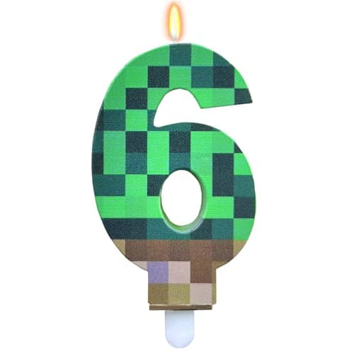 Image of Bolosa Pixel 6th Birthday Cake Candle, Pixel Pattern Birthday Number 6 Candle with Protective PVC Box, Large 9cm Gaming 6 Candle Cake Decorations for Video Game Party Boys und Girls
