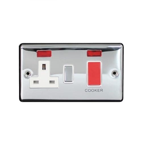 Image of Polished Chrome 45A Cooker Control Unit with 13A Socket & Neon Indicator | 2 Gang Double Pole Switch | Heavy Duty Kitchen Appliance Isolator | Screwed Faceplate Wall Fitting (1)