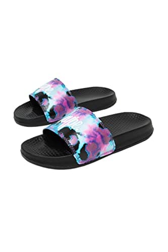 Image of hype KIDS UNISEX BLACK PINK TIE DYE SCRIPT SLIDERS Size: JNR01