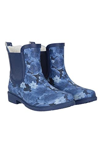 Image of Mountain Warehouse Ankle Printed Womens Rubber Wellies - Fur Lined Wellington Boots, Durable Rain Shoes, Easy Clean - Ideal Footwear for Walking & Daily Use Dark Blue Adult Shoe Size 5