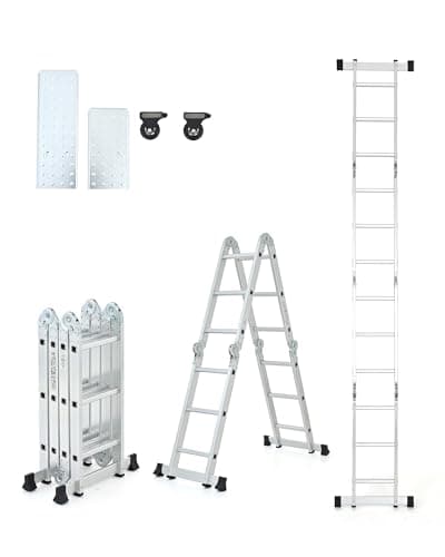 Image of Folding Ladder 3.5 m, 7-in-1 Multi-Purpose Ladder, Aluminium Combination Ladder with 2 Metal Plates and 12 Steps 150 kg Capacity, Articulated Staircase Extension Scaffold Ladder in One