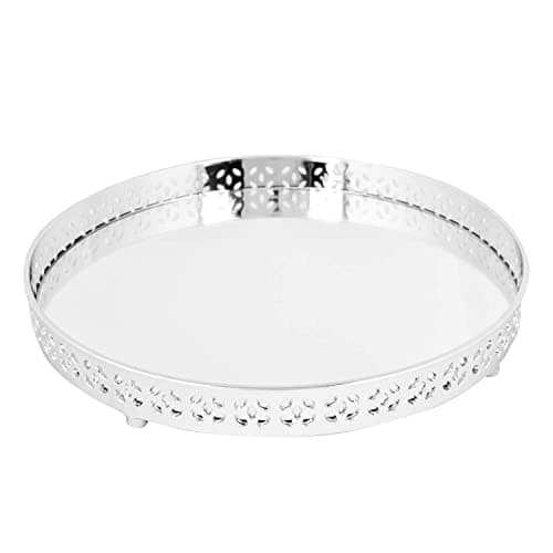Image of Decorative Mirrored Glass Tray Perfume Vanity Dresser Tray Mirror Tray Make up Jewelry Tray Cosmetics Organiser Candle Tealight Plate Display Tray Drinks Tray For Home Bedroom (Round, Silver)