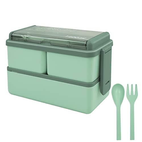Image of Jsdoin Bento Lunch Box Stackable,1400ml Containers with 3 Removable Compartments and Cutlery, Leak Proof 2 Layer Boxes, for Adults Kids Office Microwave Dishwasher Safe Available (Green)