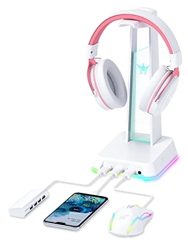 Image of PHNIXGAM RGB Headphone Stand with 3.5mm AUX and 3 Port USB 2.0 Hub, Universal Gaming Headset Hanger Holder for Computer Gaming Gamer Accessories (White)