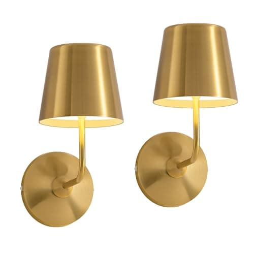 Image of NEWSEE Wireless Wall Lights Set of 2, Small Battery LED Wall Sconces, 5000mAh Rechargeable with Touch Control, Dimmable & Waterproof, Metal Shade Lamp for Garden, Bedroom, Bathroom, Hallway (Gold)