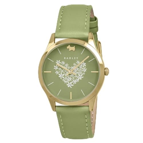 Image of RADLEY Women's Gold Plated Floral Heart Dial Apple Green Leather Strap Analogue Watch RY22026A