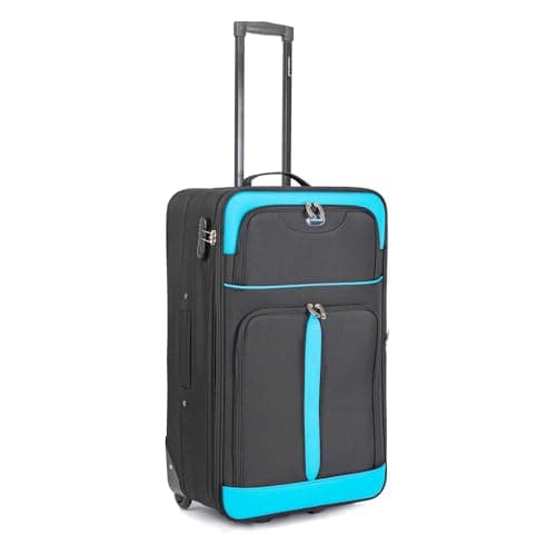 Image of Aerostar Medium 26” Lightweight Softshell Expandable Suitcase, Check in Luggage 2 Corner Wheels with Integrated Combination Lock (Black/Aqua, 70 litres)