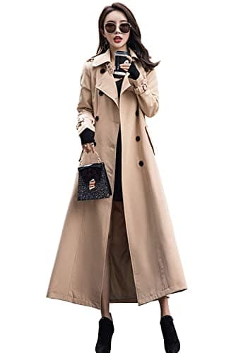 Image of ebossy Women's Double Breasted Duster Trench Coat Slim Full Length Maxi Long Overcoat - beige - Large